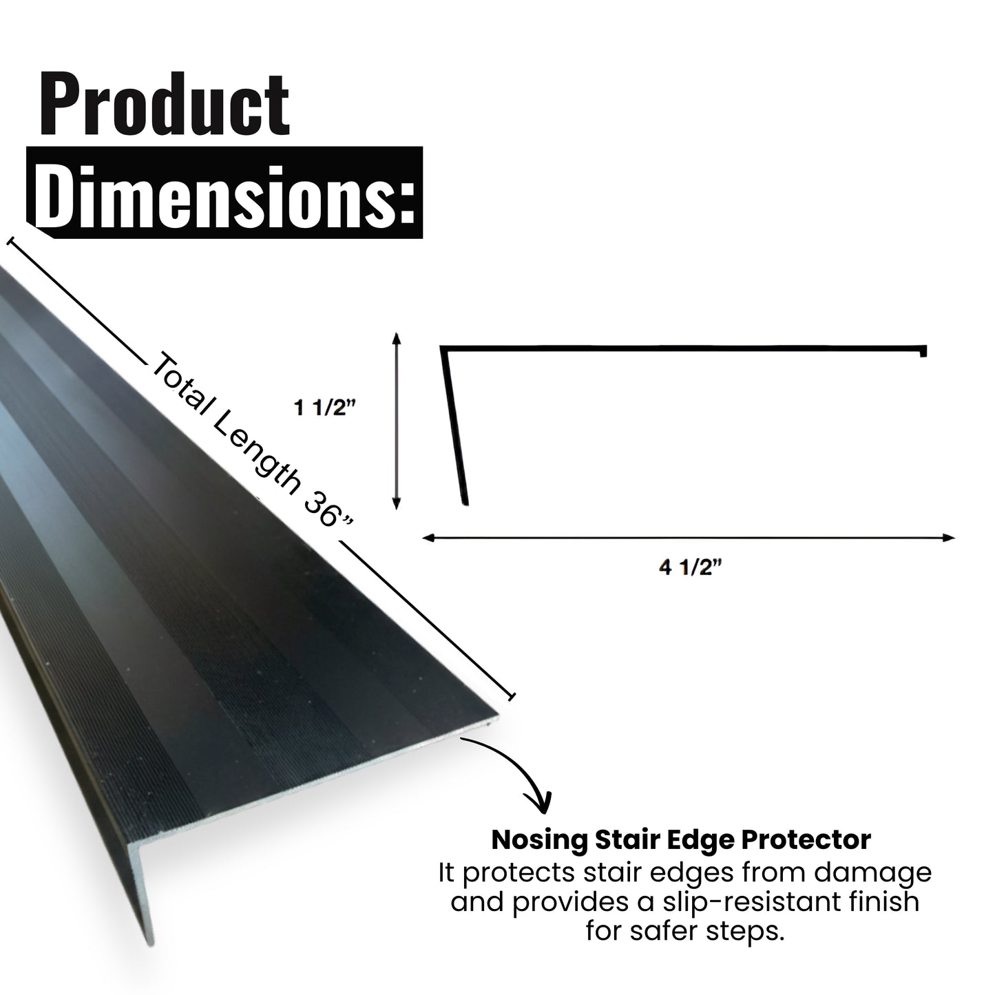 Black Aluminum Stair Nosing Edge Protector – 4 1/2" x 1 1/2" – 32" & 36" Lengths