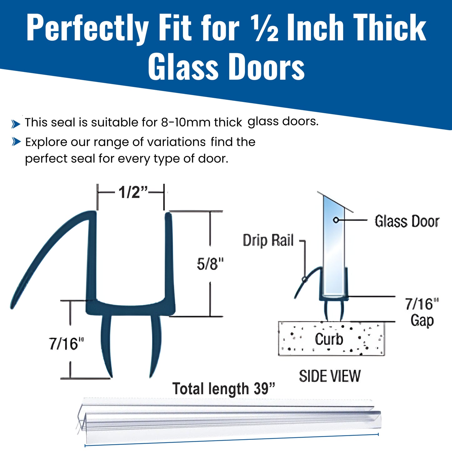 1/2-Inch Glass – 39-Inch Frameless Shower Door Bottom Seal with Drip Rail