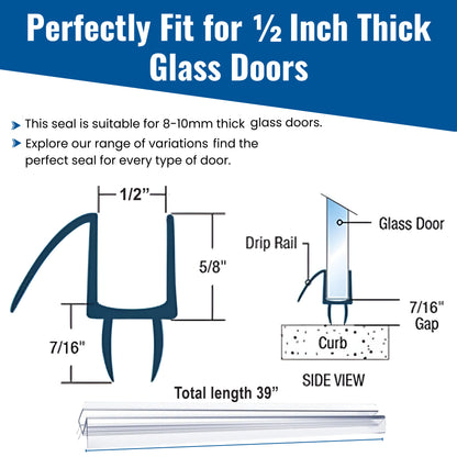 1/2-Inch Glass – 39-Inch Frameless Shower Door Bottom Seal with Drip Rail