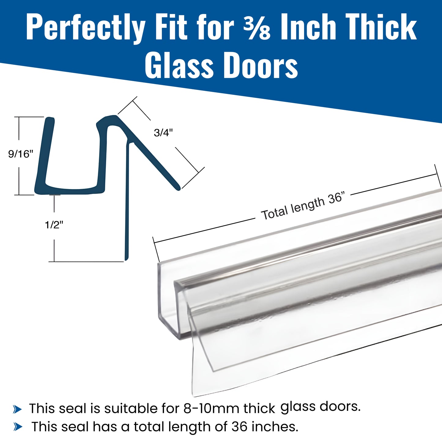 3/8 In. x 36 In. Frameless Shower Door Bottom Seal with Drip Rail