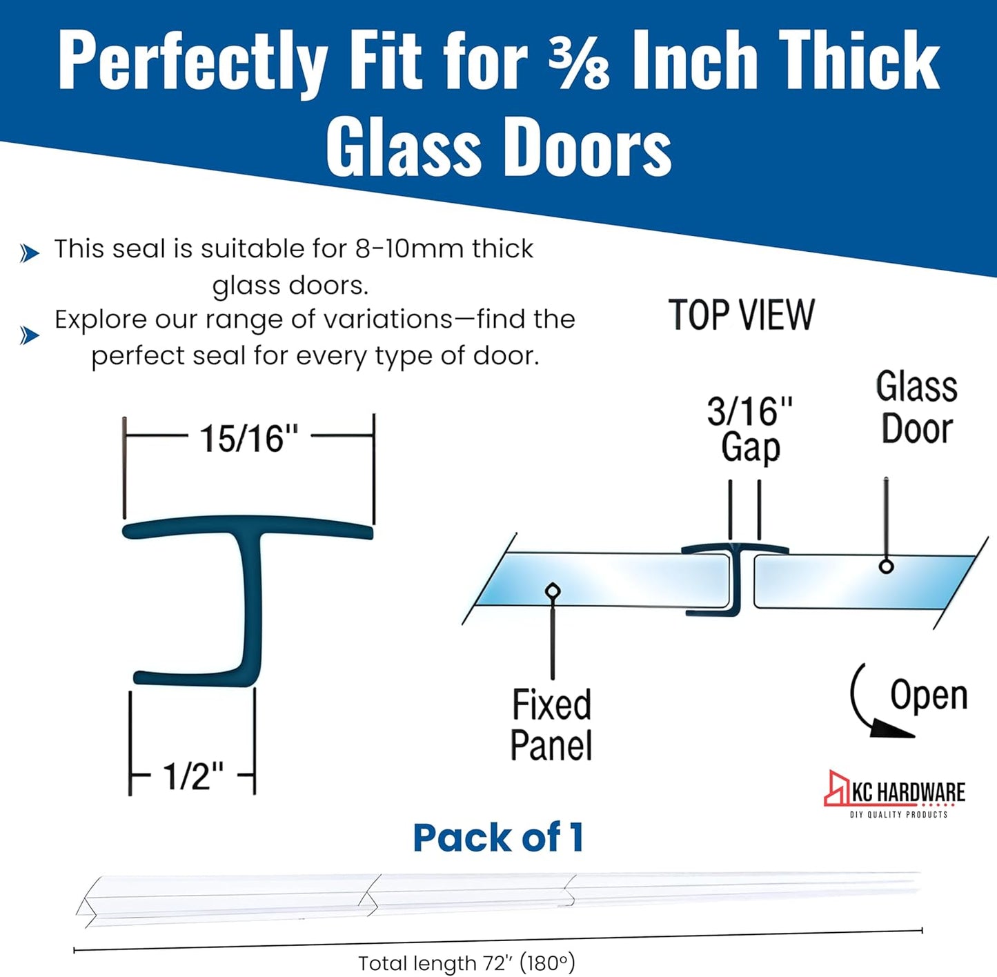 KC Hardware Clear 3/8" Y Jamb Water Seal Flexible Edge in Line Panel (Soft Leg)